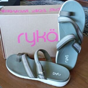 Ryka Adjustable Slide Sandals with Toe Loop Stella Dark Olive - Size 9.5